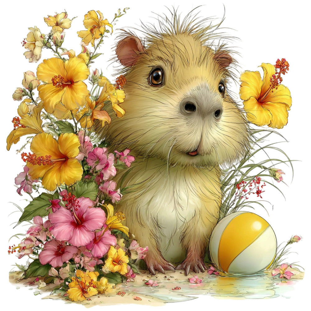 guinea pig, cute animals, whimsical, yellow flowers, pink flowers, hibiscus, spring, summer, nature, garden, floral, woodland creature, children's, baby, pastel colors, soft colors, cream, pale yellow, dusty pink, coral pink, red accents, decorative ball, playful, gentle, sweet, nursery, kids, illustration, watercolor style