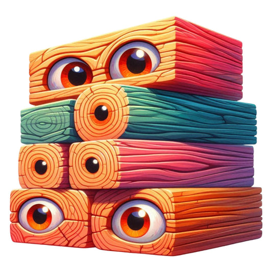 colorful, rainbow, vibrant, orange, red, yellow, teal, purple, coral, wood grain, wooden logs, eyes, whimsical, playful, cute, animal face, stacked logs, nature inspired, modern, folk art, cottage core, quirky, fun, children's, kids, novelty, artistic, decorative, wall hanging, home decor