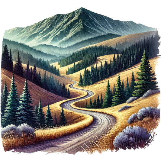 mountain landscape, winding road, evergreen trees, golden meadows, layered mountains, sage green, burnt orange, deep purple, misty blue, scenic valley, alpine scenery, nature scene, fabric panel, quilting cotton, outdoor theme, wilderness design, rolling hills, coniferous forest, mountain vista, autumn colors