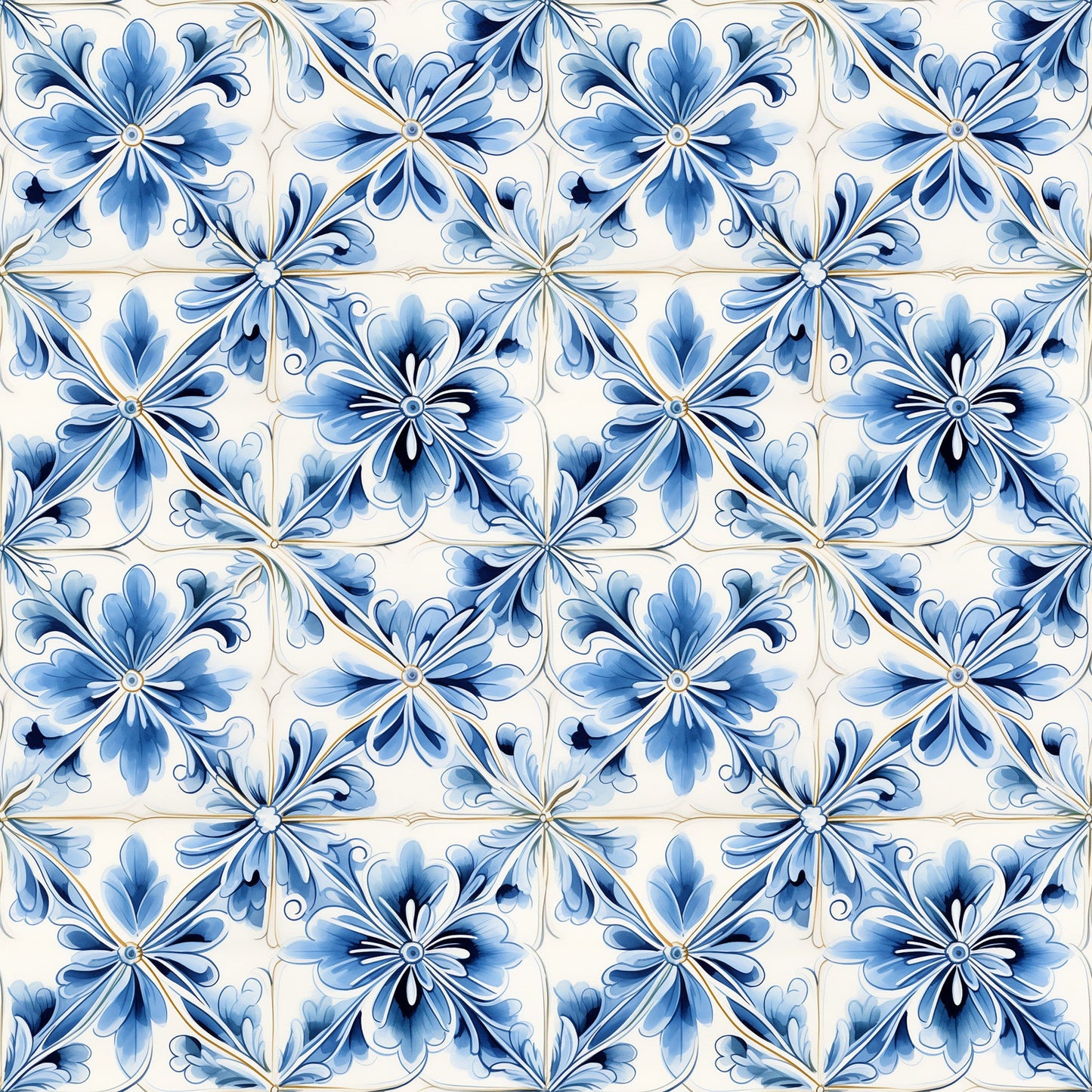 Blue Handpainted Tiles Pattern 4 Quilting Cotton Fabric