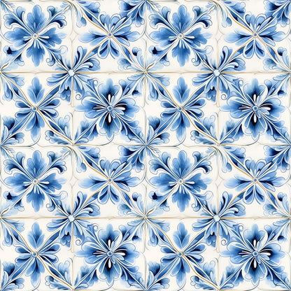 Blue Handpainted Tiles Pattern 4 Quilting Cotton Fabric