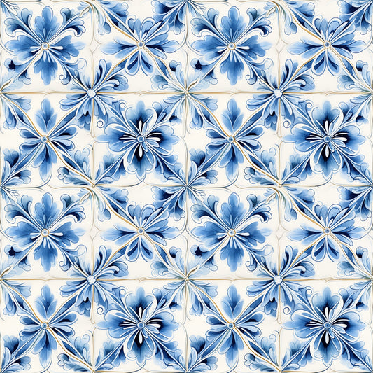 Blue Handpainted Tiles Pattern 4 Quilting Cotton Fabric