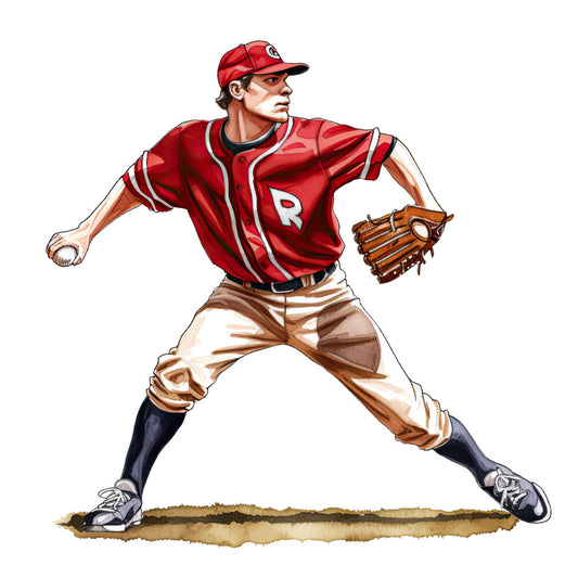 baseball, sports, red, cream, navy blue, brown, vintage, retro, americana, athletic, pitcher, baseball player, sports themed, nostalgic, classic, mid-century, home decor, wall art, collectible, illustrated, figure, male athlete, uniform, glove, active wear, recreation, summer, leisure, traditional style