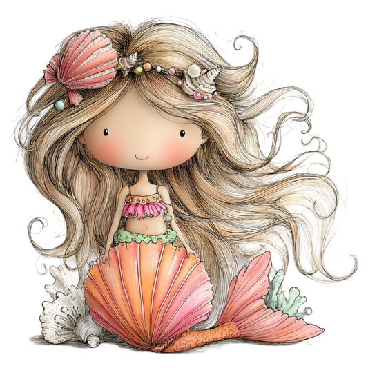 mermaid, coral pink, peach, sage green, cream, whimsical, fantasy, ocean, nautical, seashells, shells, sea creatures, underwater, long hair, girl, character, illustration, children's, kids, spring, summer, bohemian, magical, fairytale, decorative panel, apparel, children's clothing, beach theme, pastel colors