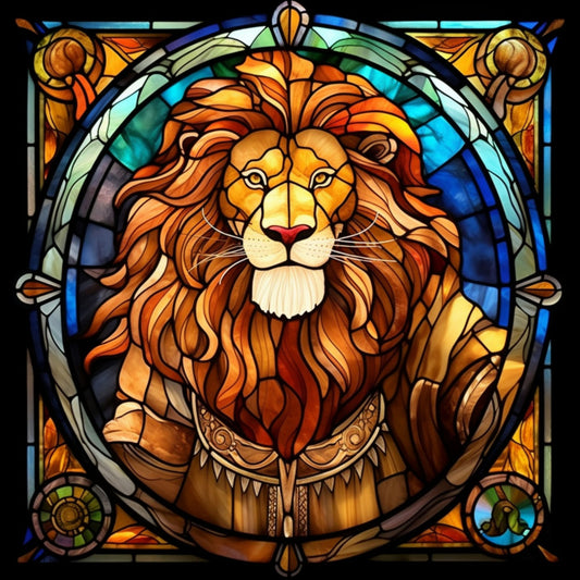 lion, stained glass, amber, golden yellow, deep blue, orange, teal, geometric patterns, circular medallion, majestic lion face, flowing mane, ornate border, decorative scrollwork, fantasy art, regal, fabric panel, quilting cotton, art nouveau style, vibrant colors, mythical creature