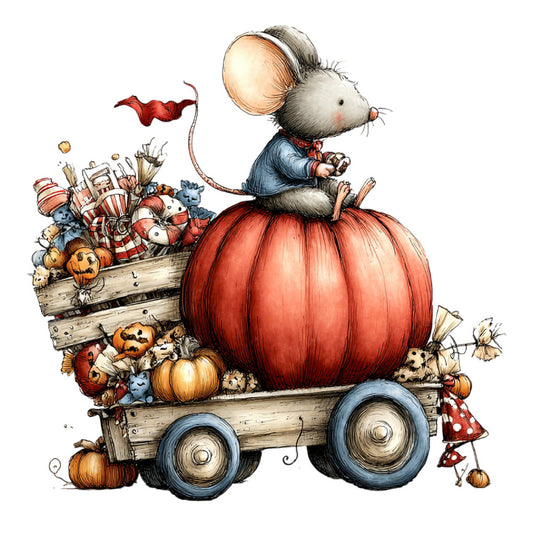whimsical mouse, fall harvest, pumpkin, red pumpkin, blue wheels, wooden wagon, toys, teddy bear, jack-o-lantern, autumn, halloween, vintage toys, countryside, farmhouse, rustic, cream, red, blue, orange, tan, children's, storybook, charming, nostalgic, playful, baby quilt, wall hanging, decorative panel