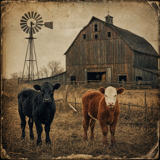 vintage farmhouse, barn, windmill, cattle, cows, rustic, countryside, pastoral, farm animals, brown and cream, black cow, rust brown, cream white, sepia tone, distressed, americana, country, agricultural, heritage, nostalgic, western, ranch, rural, traditional, earthy tones, wall hanging, home decor, fabric panel