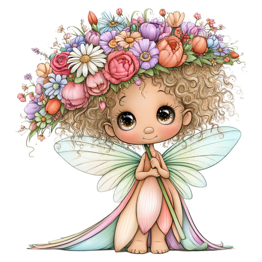 whimsical fairy, flower crown, pastel pink, lavender purple, coral orange, sage green, soft peach, curly blonde hair, fantasy character, floral arrangement, peonies, daisies, spring flowers, fairy wings, iridescent wings, nature-inspired, botanical, magical, enchanted, dreamy, delicate, feminine, children's, baby quilt, wall art, panel design, fairy tale, woodland creature, colorful florals, garden theme