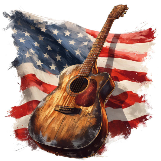 american flag, patriotic, guitar, music, acoustic guitar, americana, stars and stripes, red white and blue, navy blue, cream, rust brown, wood grain, musical instruments, abstract watercolor, painted effect, splatter effect, music lover, vintage americana, rustic, folk music, country music, home decor, wall art, music themed, artistic, watercolor style, patriotic decor, americana theme, musicians gift