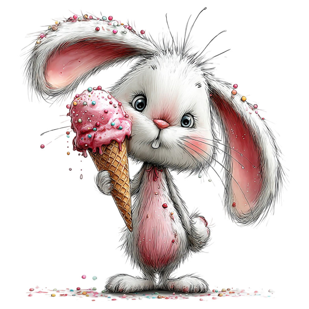 cute bunny, whimsical rabbit, pink ice cream, pastel pink, dusty rose, white fur, coral pink, candy theme, sweet treats, animal illustration, playful design, children's fabric, baby quilt, nursery decor, cute animals, dessert motif, ice cream cone, colorful sprinkles, adorable character, storybook style, soft whimsical, decorative panel, wall hanging, gender neutral, spring theme, summer theme, modern whimsical, detailed illustration, charming design, kid's apparel