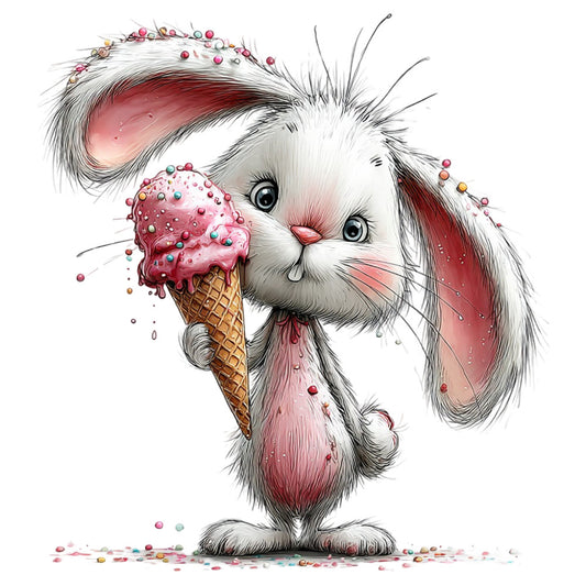 cute bunny, whimsical rabbit, pink ice cream, pastel pink, dusty rose, white fur, coral pink, candy theme, sweet treats, animal illustration, playful design, children's fabric, baby quilt, nursery decor, cute animals, dessert motif, ice cream cone, colorful sprinkles, adorable character, storybook style, soft whimsical, decorative panel, wall hanging, gender neutral, spring theme, summer theme, modern whimsical, detailed illustration, charming design, kid's apparel