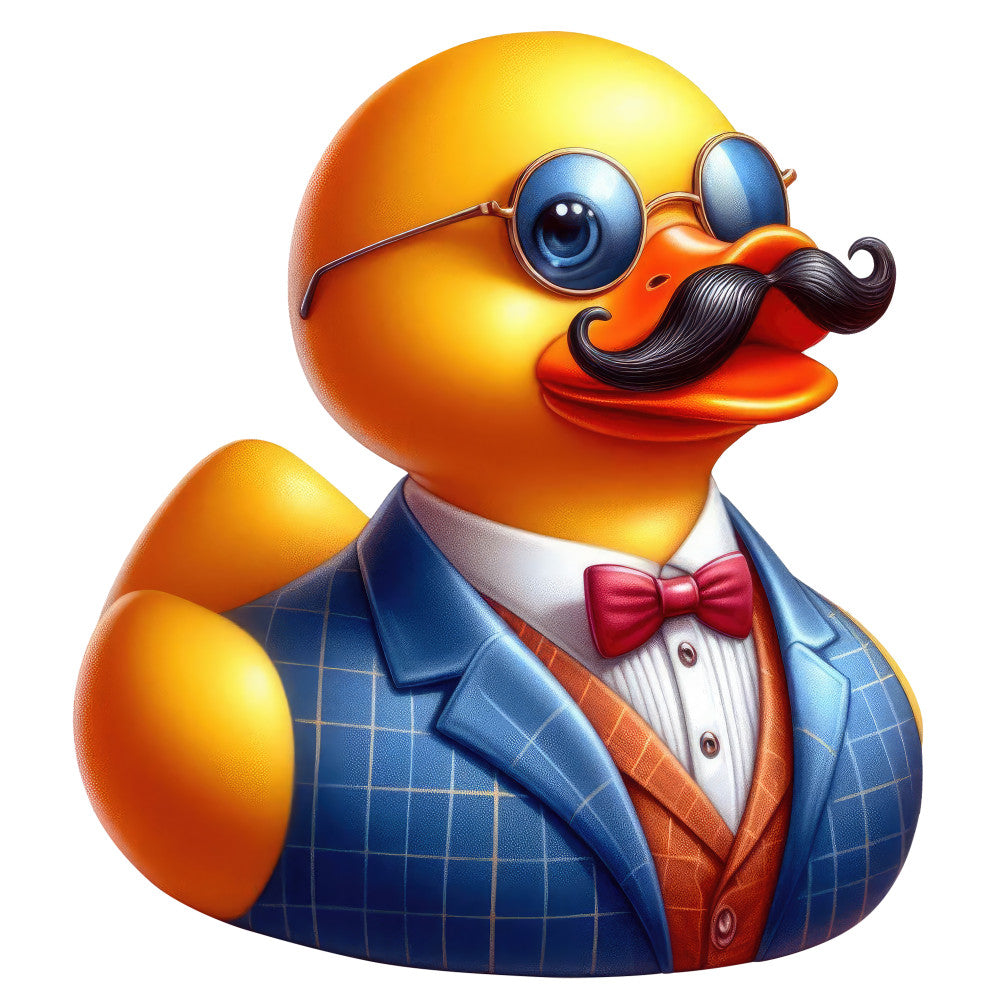 gold, orange, yellow, navy blue, coral, red, whimsical, duck, bird, gentleman, monocle, mustache, bow tie, formal wear, steampunk, vintage, playful, humorous, novelty, quirky, animals, character, tuxedo, blue plaid, top hat accessories, retro, fun, children's, decorative, statement piece