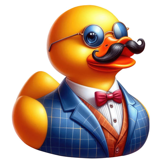 gold, orange, yellow, navy blue, coral, red, whimsical, duck, bird, gentleman, monocle, mustache, bow tie, formal wear, steampunk, vintage, playful, humorous, novelty, quirky, animals, character, tuxedo, blue plaid, top hat accessories, retro, fun, children's, decorative, statement piece