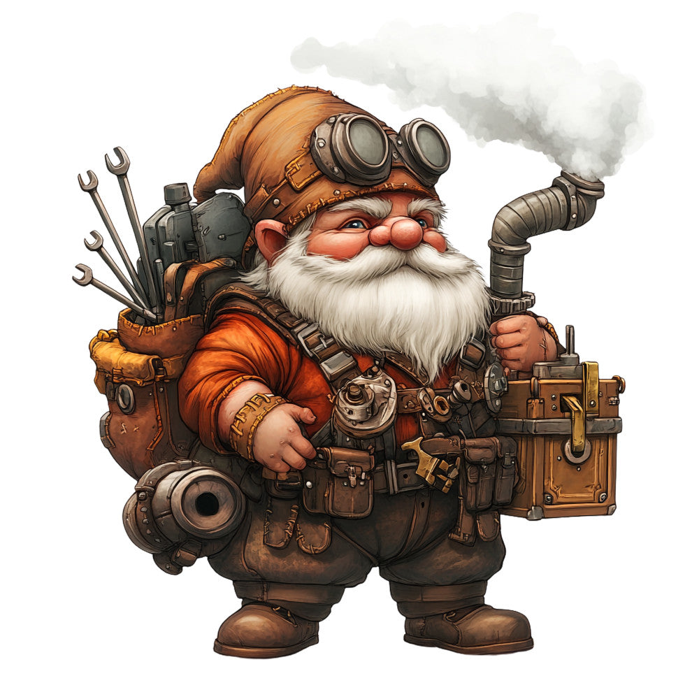 steampunk gnome, fantasy character, mechanical accessories, goggles, white beard, orange hat, rust brown, copper tones, brass details, steam pipes, gears, tools, wrench collection, leather straps, vintage machinery, whimsical illustration, fabric panel, quilting cotton, digital print, fantasy theme