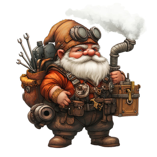 steampunk gnome, fantasy character, mechanical accessories, goggles, white beard, orange hat, rust brown, copper tones, brass details, steam pipes, gears, tools, wrench collection, leather straps, vintage machinery, whimsical illustration, fabric panel, quilting cotton, digital print, fantasy theme