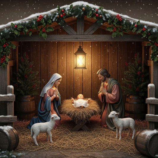 nativity scene, christmas, religious, holy night, stable, manger, joseph and mary, baby jesus, winter, snow, lambs, animals, evergreen garland, holly berries, lantern light, wooden barn, rustic, traditional, warm gold, deep brown, cream, soft blue, terra cotta, festive, spiritual, nativity fabric, holiday decoration, wall hanging, faith-based, celestial snow