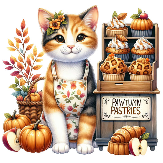 autumn cat, fall cat, calico cat, orange tabby, pumpkin, apple, sunflower, autumn leaves, fall foliage, pastries, cupcakes, croissant, bakery, whimsical, farmhouse, rustic, vintage, orange, cream, golden yellow, rust, forest green, burnt sienna, autumn theme, fall theme, harvest, nature, animals, cats, baked goods