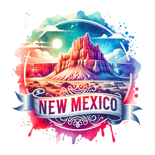 US States Retro Travel Fabric Panel 12 featuring a colorful New Mexico desert landscape with rock formations on premium quilting cotton fabric.