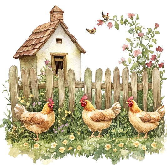 watercolor style, chickens, hens, roosters, cottage, picket fence, flowering vines, pink flowers, yellow flowers, cream white, brown tones, green foliage, rustic farmhouse, countryside scene, fabric panel, quilting cotton, garden setting, birds flying, pastoral theme, cottage core