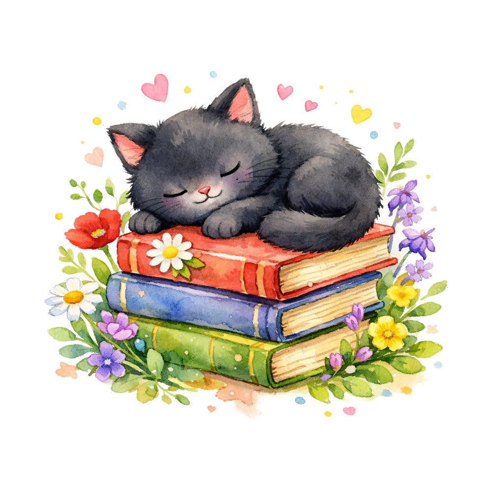black cat, sleeping cat, gray cat, charcoal gray, coral pink, forest green, soft yellow, lavender purple, white daisy, red poppy, hearts, flowers, floral, books, stacked books, whimsical, cute, sweet, nature, botanical, spring, garden, cozy, reading, literary, children's, playful, magical, dreamy, animal lover