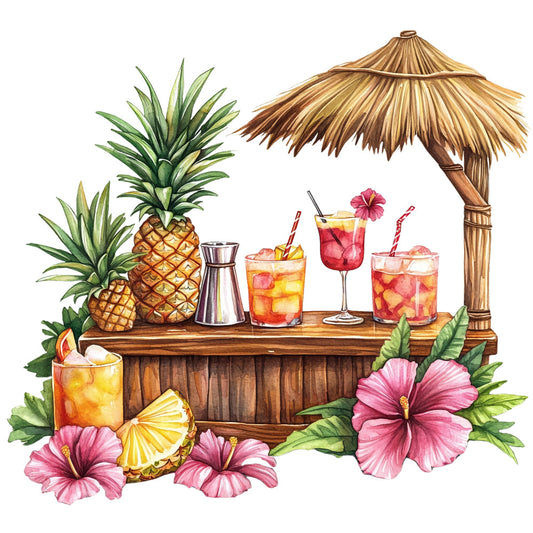 tropical paradise, tiki bar, pineapple, hibiscus flowers, palm fronds, cocktails, beverages, thatched umbrella, bamboo bar, pink flowers, green foliage, brown wood, orange drinks, red cocktails, hawaiian theme, watercolor style, fabric panel, quilting cotton, summer vibes, island scene