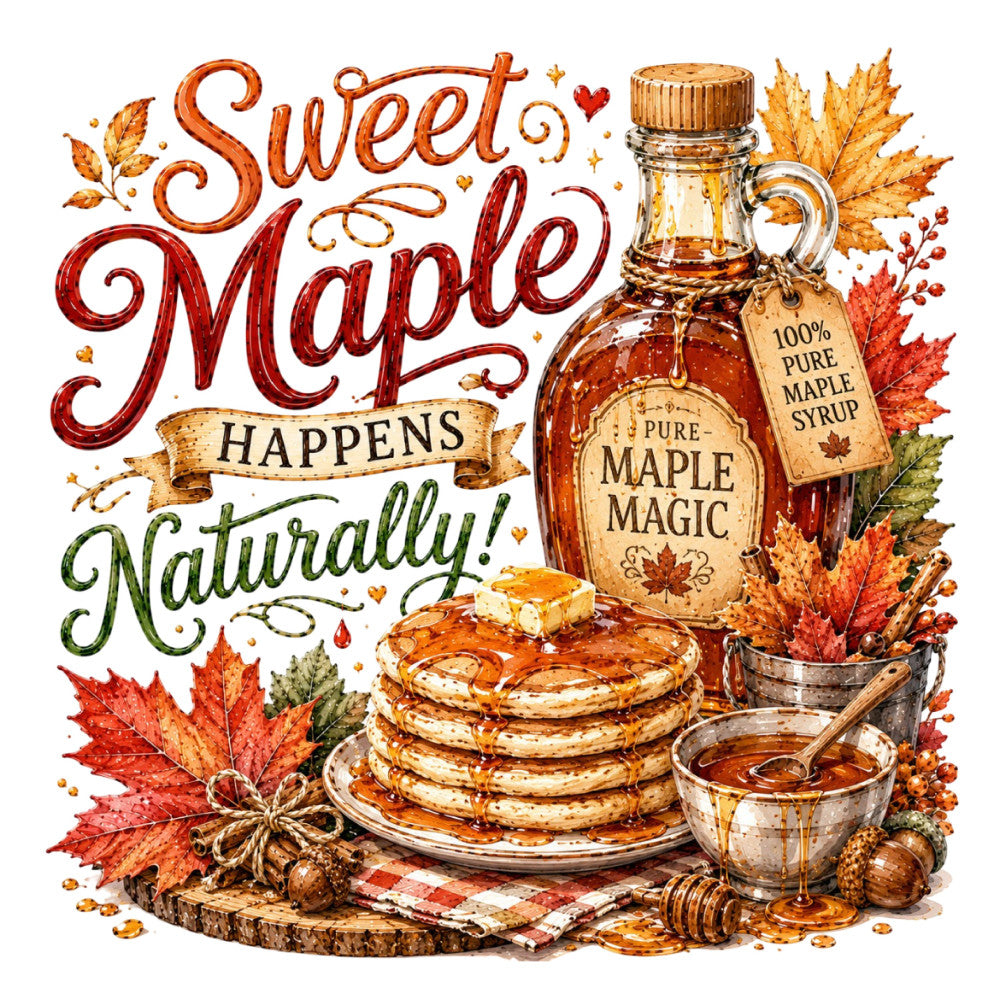 sweet maple, maple syrup, autumn, fall, harvest, thanksgiving, rustic, farmhouse, vintage, pancakes, breakfast, maple leaves, red leaves, golden yellow, burnt orange, cream, natural, whimsical, folk art, country style, seasonal, autumn leaves, maple bottle, food themed, cozy, warm tones, nostalgic, traditional, decorative