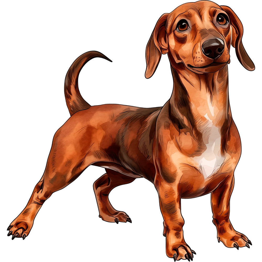 rust brown, burnt orange, chocolate brown, cream white, dachshund, dog, animal, portrait, pet, whimsical, playful, realistic, cute, adorable, long-haired dog, wiener dog, puppy, dog lover, pet themed, children's, kids, humorous, fun, detailed illustration, character panel, decorative