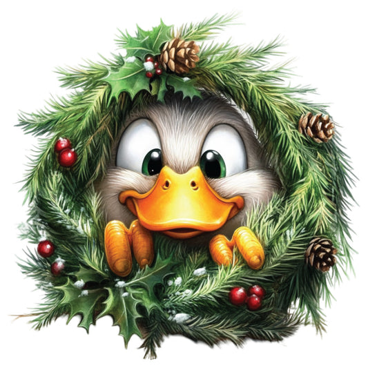 duck, christmas wreath, green foliage, red berries, pine cones, holly leaves, orange beak, brown fur, fabric panel, quilting cotton, whimsical character, festive design, holiday theme, christmas decoration, evergreen branches, seasonal motif, cute animal, winter colors, crafting fabric, sewing panel