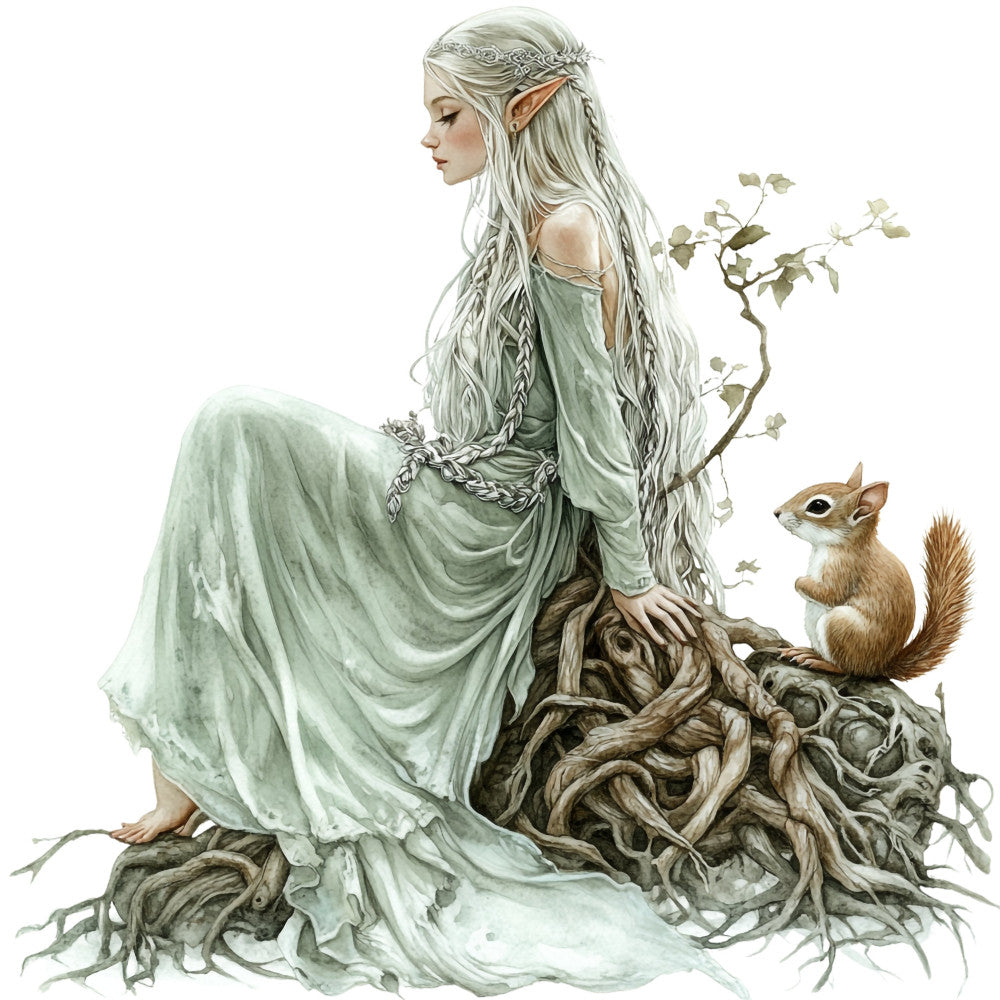 sage green, cream, pale green, silver, fantasy, elves, woodland creatures, nature, whimsical, elegant, ethereal, botanical, squirrel, enchanted forest, fairy tale, flowing gown, draped fabric, romantic, vintage inspired, art nouveau, delicate, dreamy, forest green, nature lover, magical creatures, detailed illustration, storybook, character panel, light green, muted tones