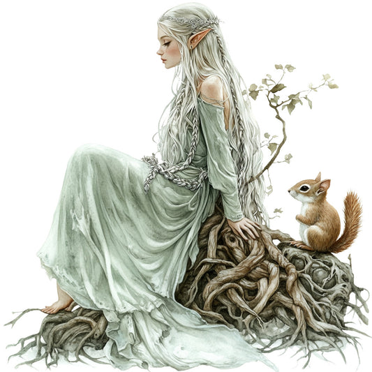 sage green, cream, pale green, silver, fantasy, elves, woodland creatures, nature, whimsical, elegant, ethereal, botanical, squirrel, enchanted forest, fairy tale, flowing gown, draped fabric, romantic, vintage inspired, art nouveau, delicate, dreamy, forest green, nature lover, magical creatures, detailed illustration, storybook, character panel, light green, muted tones