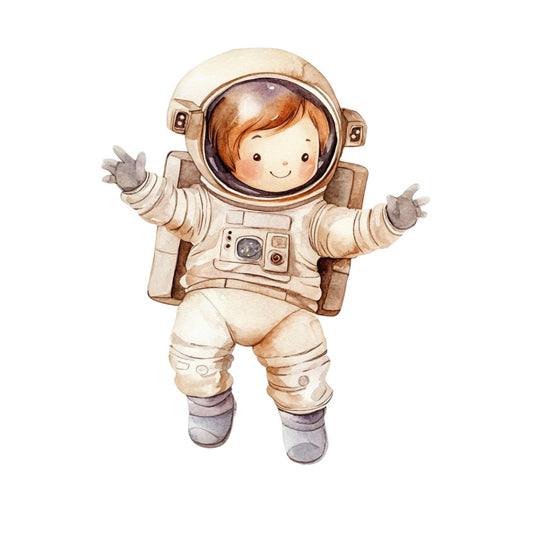 astronaut, space, whimsical, children, cute, happy, smiling, brown hair, helmet, cream, beige, tan, brown, purple, gray, illustration, storybook, nursery, baby, kid-friendly, celestial, adventure, retro, vintage style, playful, cheerful, gender-neutral, character design