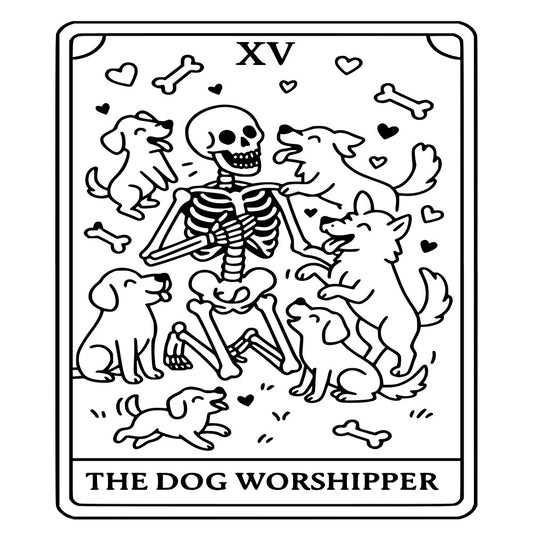black and white, skeleton, dogs, tarot card, hearts, bones, whimsical, gothic, spooky, quirky, playful, novelty, animal lovers, occult, mystical, dark humor, alternative, edgy, celestial vibes, retro, vintage inspired, eclectic, pop culture, statement print, goth aesthetic, dog themed, humorous, conversation starter, bold graphic