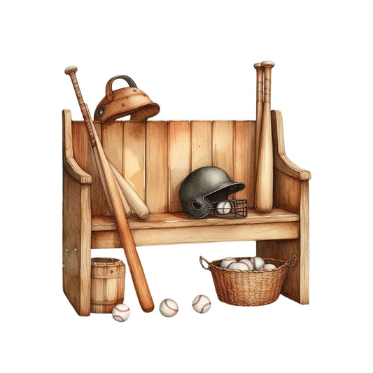 baseball, sports, vintage, rustic, farmhouse, americana, wooden storage, tan, beige, brown, cream, neutral, traditional, nostalgic, theme panel, boys quilt, sports equipment, baseball bat, batting helmet, baseballs, watering can, wooden bucket, wicker basket, cottage core, country, heritage, collectible panel, novelty