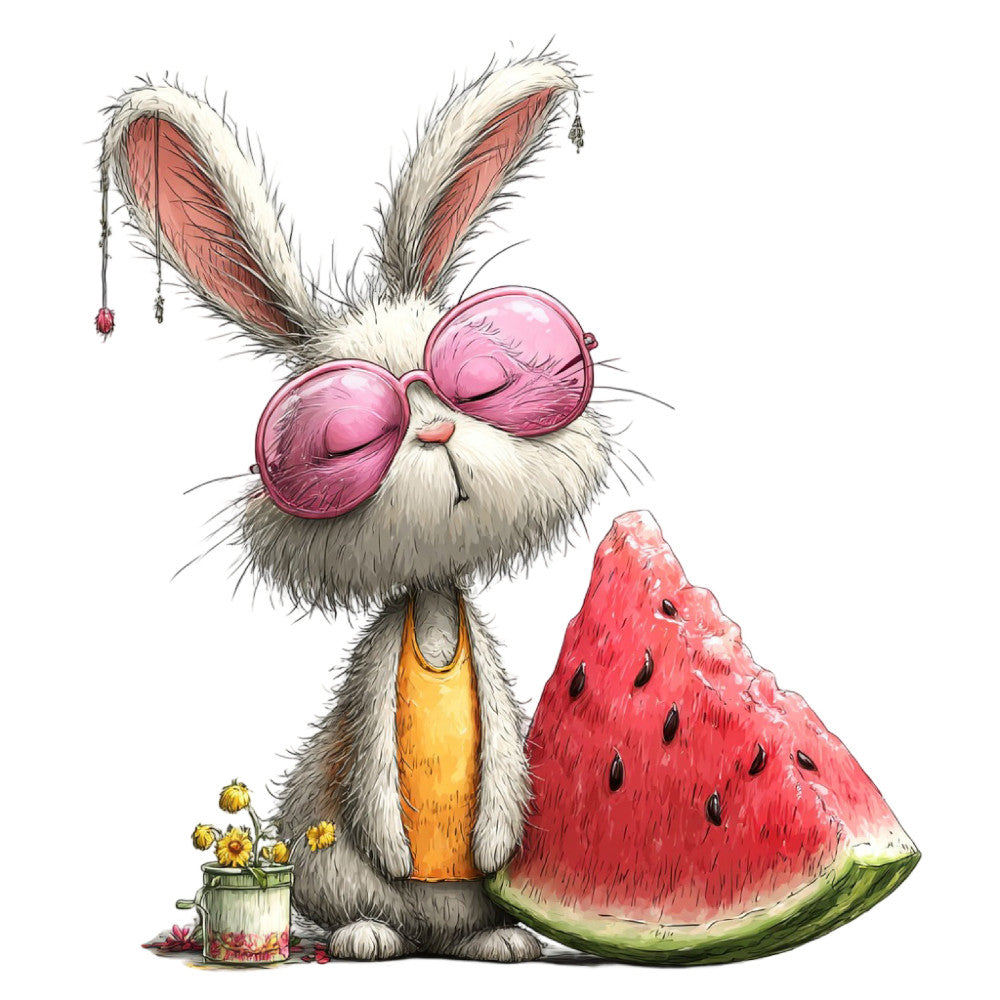 whimsical bunny, pink sunglasses, watermelon, summer, cute animals, rabbit, playful, children's, bright colors, coral pink, golden yellow, mint green, watermelon red, cream white, animal illustration, fun prints, kids fabric, summer theme, nature-inspired, cheerful, decorative panel, artistic, illustrated animals, spring, pastel tones, trendy, modern whimsical, character design, botanical elements, sunflower
