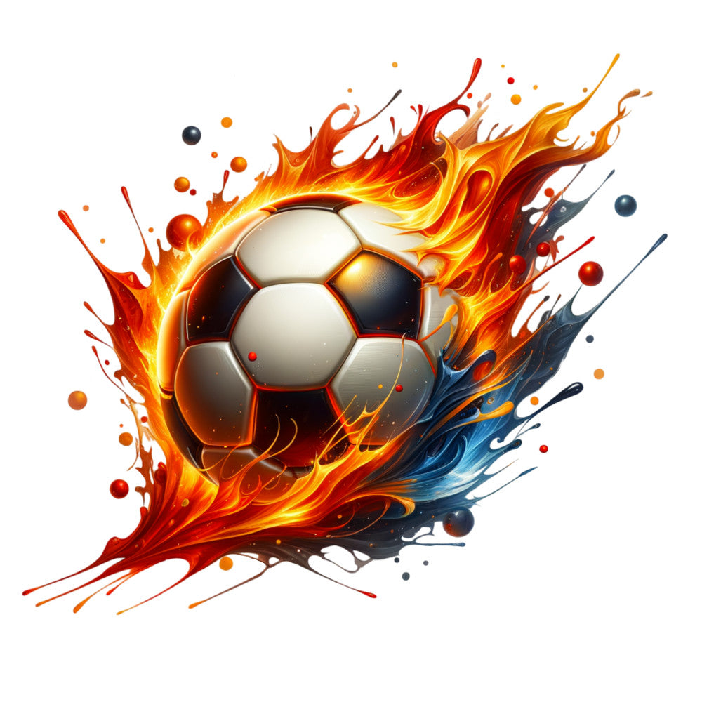 watercolor, soccer ball, football, splash, flames, fire, orange, red, yellow, blue, black, white, sports, athletic, dynamic, motion, abstract, artistic, fabric panel, quilting cotton, energetic, burst, explosion