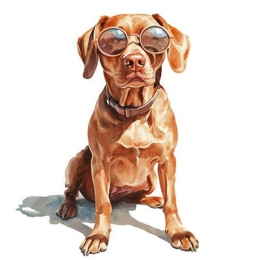 dog, puppy, pet, animal, sunglasses, cool dog, funny dog, whimsical, humorous, playful, brown, tan, cream, rust, caramel, beige, portrait, character, modern, contemporary, dog lover, pet themed, cute, adorable, fashion dog, stylish, illustration, watercolor effect, casual, fun