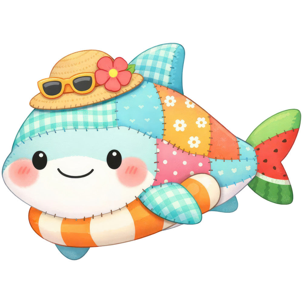 cute fish, whimsical, kawaii, colorful, turquoise, coral pink, orange, yellow, green, red, gingham, checkered, polka dot, floral, striped, patchwork, quilted look, animals, sea creatures, ocean theme, summer, beach, children's, baby, playful, happy face, stitched details, multi-color, cheerful, tropical