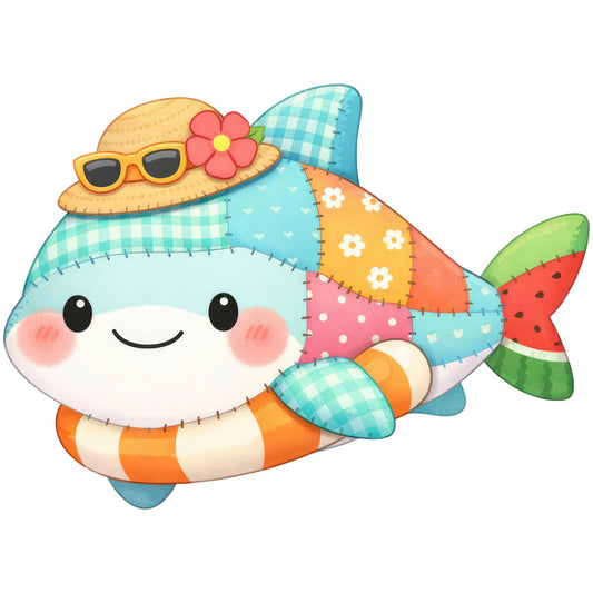 cute fish, whimsical, kawaii, colorful, turquoise, coral pink, orange, yellow, green, red, gingham, checkered, polka dot, floral, striped, patchwork, quilted look, animals, sea creatures, ocean theme, summer, beach, children's, baby, playful, happy face, stitched details, multi-color, cheerful, tropical