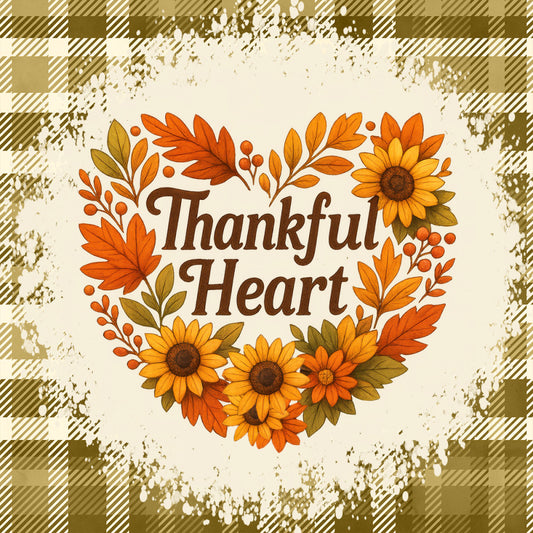 thankful heart, autumn, fall, sunflower, leaves, floral wreath, harvest, thanksgiving, orange, gold, yellow, brown, tan, cream, plaid border, gingham, rustic, farmhouse, nature, botanical, gratitude, seasonal, home decor, wall hanging, table toile, traditional, warm tones, leaf motifs, berry accents