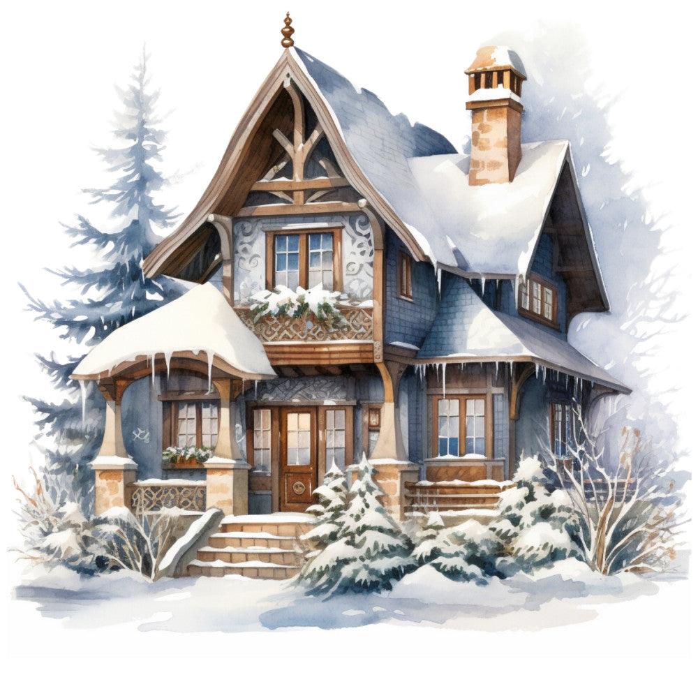 Watercolor Winter Houses Fabric Panel 33