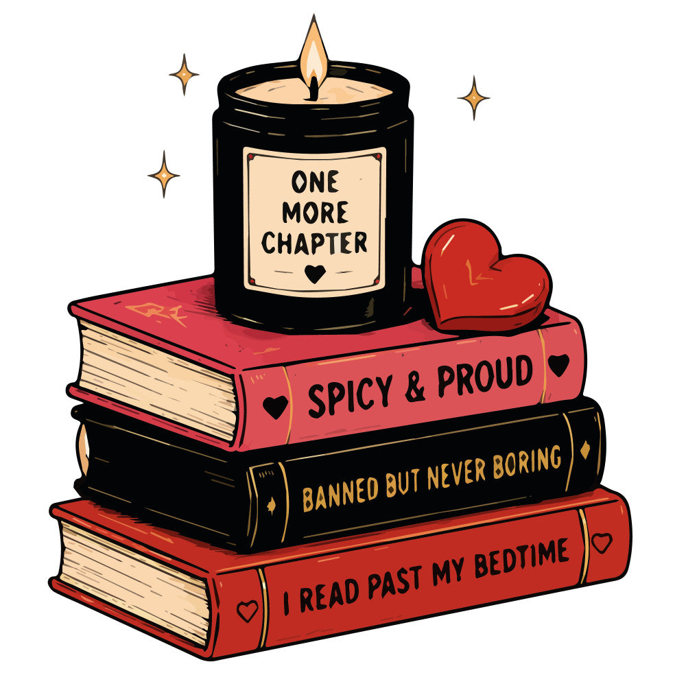 book lover, literary, reading, stacked books, red, black, cream, gold, heart motif, candle, sparkles, whimsical, inspirational, motivational, bookish, one more chapter, spicy books, banned books, bedtime reading, quirky, playful, humorous, book themed, vintage literary, cozy vibes, library aesthetic, reader gift, book nerd, bookworm, celestial accents