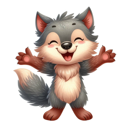 charcoal gray, warm gray, dusty rose, terracotta brown, cream, blush pink, coral pink, cute animal, woodland creature, wolf, fox, whimsical, playful, cheerful, happy character, cartoon style, children's illustration, nursery, baby, joyful expression, friendly animal, adventurous, forest theme, storybook, illustrated, contemporary, fun design, character panel, kid's fabric, animal illustration