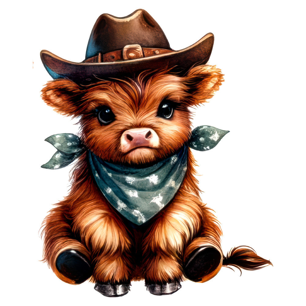 cowboy calf, western, rustic, cute animals, livestock, farm animals, brown, rust, terracotta, teal blue, navy blue, bandana, cowboy hat, whimsical, playful, country, farmhouse, folk art, baby quilt, nursery, children's, southwestern, cattle, bull calf, novelty print, character fabric, adorable, animal lover, country western, decorative panel