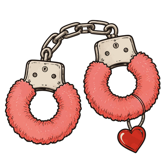 coral pink, cream, red, metallic gold, heart, fuzzy, plush, romantic, love themed, valentine's day, whimsical, playful, novelty, handcuffs, chain, quirky, humorous, adult humor, edgy, modern, bold, statement print, conversation starter, valentine, romance, couple gift, unique, fun, decorative