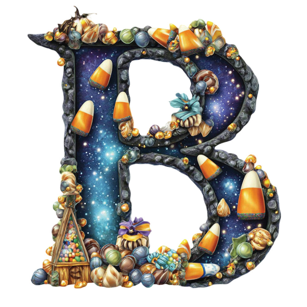 navy blue, deep blue, orange, gold, candy corn, celestial, stars, starry night, halloween, autumn, fall, candy, sweets, chocolate, whimsical, magical, letter initial, monogram, candy corn motifs, starfield, enchanted, festive, spooky, tricorn hat, jack-o-lantern, pumpkin patch, dark academia, rustic charm, decorative letter