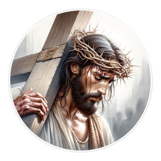 jesus christ, crown of thorns, wooden cross, crucifixion scene, religious artwork, easter theme, brown tones, beige colors, white robes, realistic illustration, christian imagery, spiritual design, fabric panel, quilting cotton, sacred art, biblical scene, devotional print, watercolor style, sepia tones, holy figure