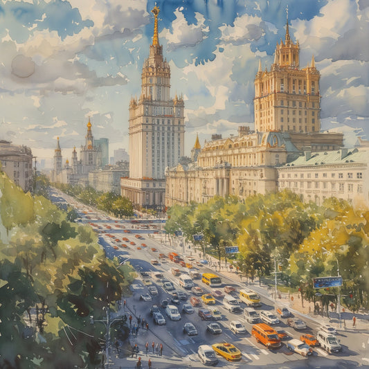 moscow cityscape, architectural, golden hour, skyline, russian buildings, urban landscape, blue sky, white clouds, cream colored, pale yellow, soft blue, sage green, golden yellow, vintage style, retro aesthetic, elegant, sophisticated, mid-century modern, street scene, classic buildings, nature elements, trees, foliage, city streets, transportation, cars, bustling city, day scene, sunny day