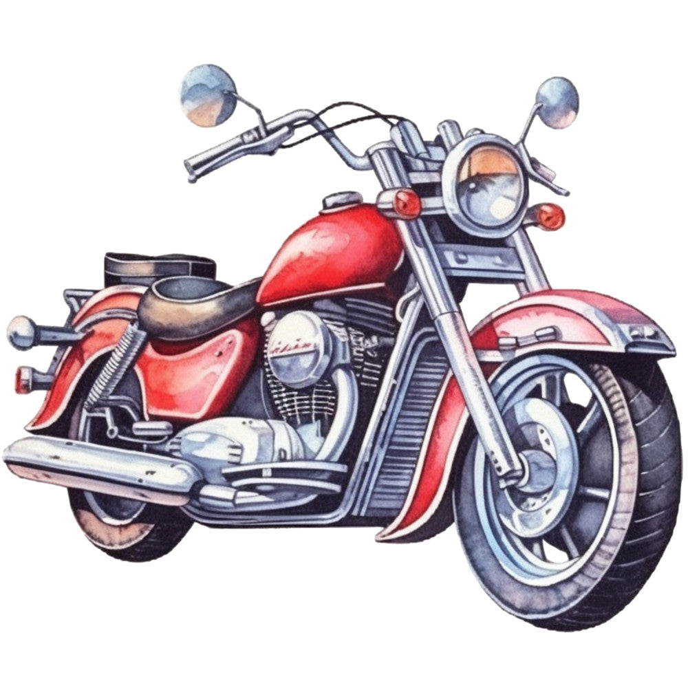 red motorcycle, chrome details, vintage bike, cruiser style, fabric panel, quilting cotton, transportation theme, vehicle design, shiny metallic, black accents, white highlights, realistic illustration, motor bike, two wheels, handlebars, exhaust pipes, detailed artwork, automotive fabric, sewing panel, craft material
