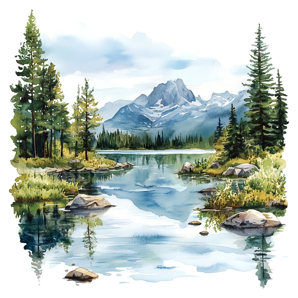 mountain landscape, scenic nature, alpine peaks, evergreen trees, pine forest, coniferous trees, lake reflection, water reflection, rocky mountains, snow-capped peaks, wilderness, outdoor adventure, forest green, sky blue, pale blue, cream white, sage green, misty blue, watercolor style, nature scene, scenic view, peaceful landscape, serene, rustic, traditional, rocks and boulders, water feature, nature-inspired, hiking theme, cabin core