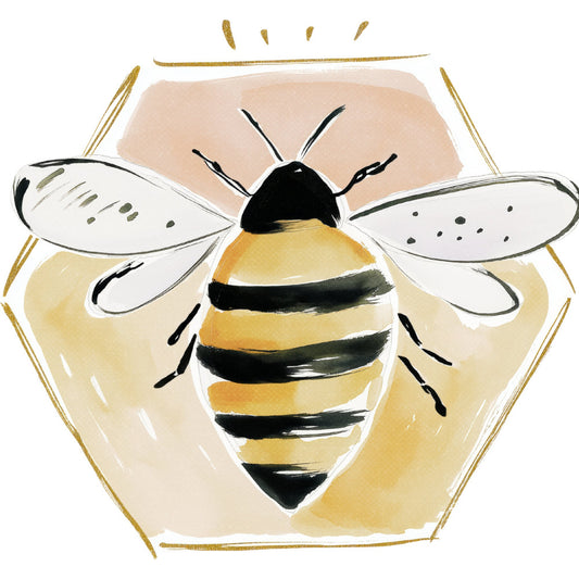 honey bee, bee, black and gold, golden yellow, cream, beige, tan, white, nature, insects, spring, summer, whimsical, modern, botanical, striped abdomen, wings, honeycomb, garden theme, children's fabric, baby quilt, wall hanging, appliqué, timeless, cheerful, decorative motif, pollinator, illustration style, painted effect